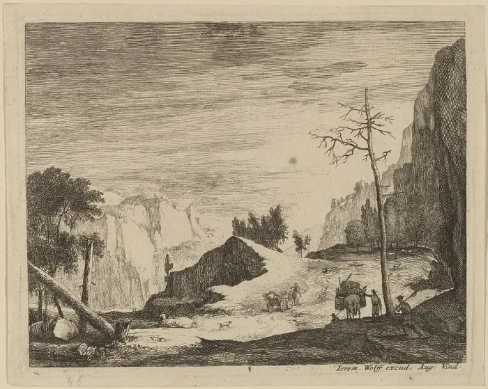 Framed Print : Mountainous Landscape with a Cart: pl.8. Creators: Roelant Roghman, Melchior Küsel Framed Print : Mountainous Landscape with a Cart: pl.8. Creators: Roelant Roghman, Melchior Küsel