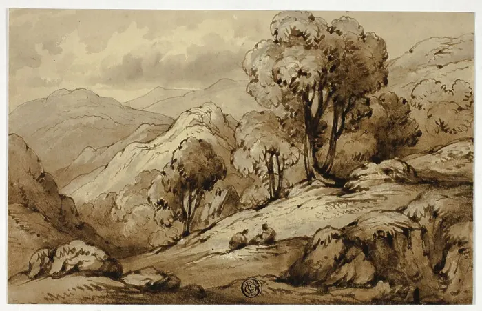 Framed Print : Mountainous Landscape with Two Figures in Foreground, n.d. Creator: James Robertson Framed Print : Mountainous Landscape with Two Figures in Foreground, n.d. Creator: James Robertson