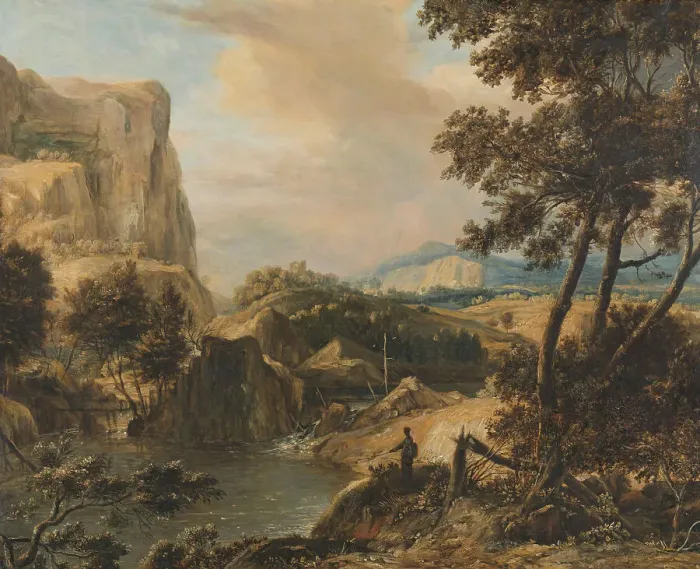 Framed Print : Mountainous landscape with fisherman, 1650-1692. Creator: Roelant Roghman Framed Print : Mountainous landscape with fisherman, 1650-1692. Creator: Roelant Roghman