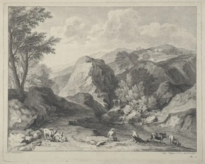 Framed Print : Mountainous landscape with herdsmen and cows, ca. 1725-80. Creator: Joseph Wagner Framed Print : Mountainous landscape with herdsmen and cows, ca. 1725-80. Creator: Joseph Wagner