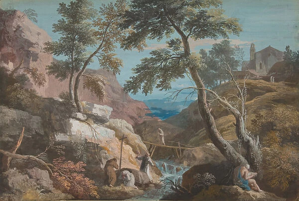 Mountainous Landscape with Hermits, ca. 1700-1730. Creator: Marco Ricci