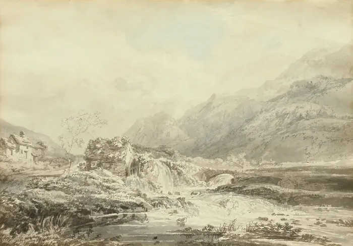 Framed Print : Mountainous Landscape With Overshot Mill And Bridge, c1795. Creator: Thomas Girtin Framed Print : Mountainous Landscape With Overshot Mill And Bridge, c1795. Creator: Thomas Girtin