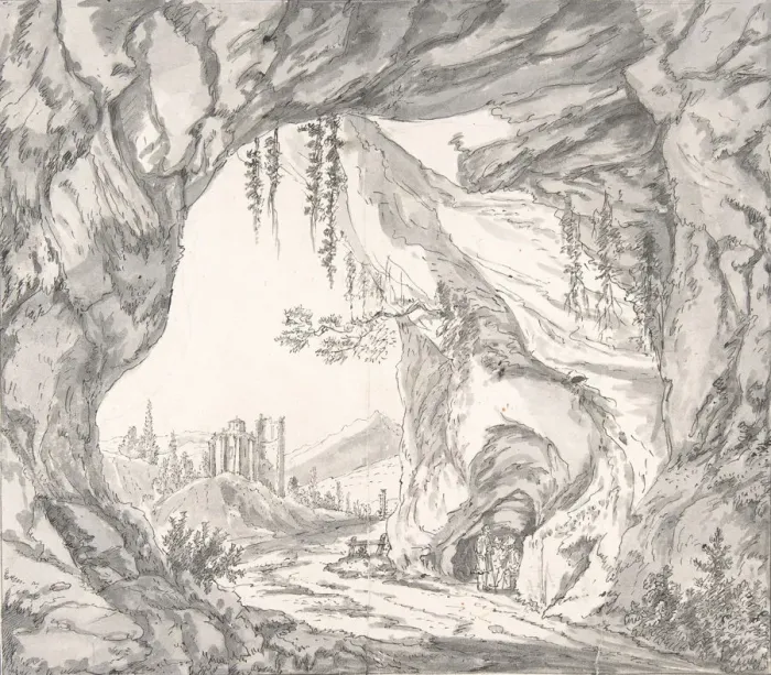 Framed Print : Mountainous Landscape with Ruins of a Castle and Three Men in a Cave Framed Print : Mountainous Landscape with Ruins of a Castle and Three Men in a Cave