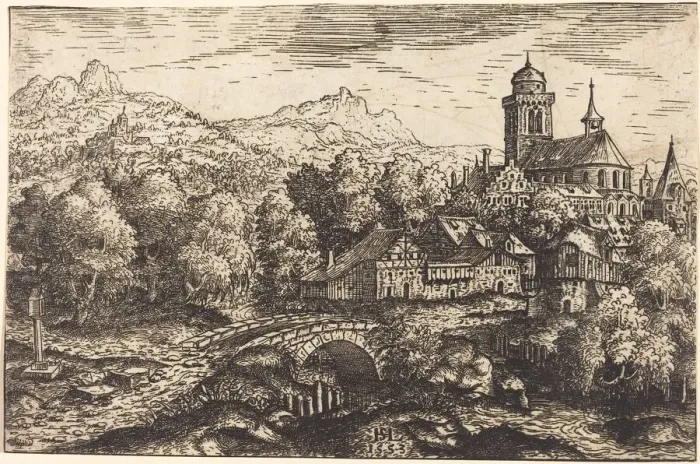 Framed Print : Mountainous Landscape with a Village, 1553. Creator: Hans Sebald Lautensack Framed Print : Mountainous Landscape with a Village, 1553. Creator: Hans Sebald Lautensack