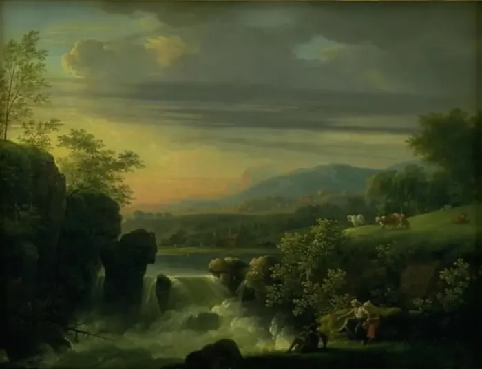 Framed Print : A Mountainous Landscape with a Waterfall. Sunrise, 1790. Creator: Jens Juel