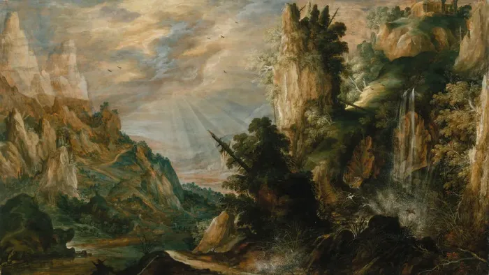 Framed Print : A Mountainous Landscape with a Waterfall, ca. 1600. Creator: Kerstiaen de Keuninck