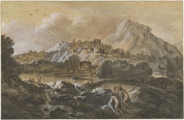 Framed Print : Mountainous River Landscape with Bathers, 1752 / 1770. Creator: Francesco Zuccarelli Framed Print : Mountainous River Landscape with Bathers, 1752 / 1770. Creator: Francesco Zuccarelli