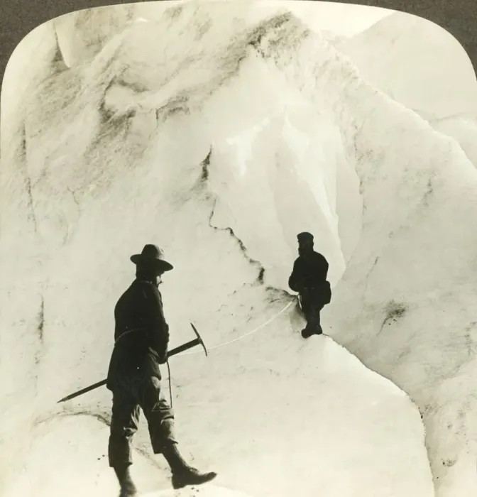 Framed Print : Among mountains and chasms of ice - enormous crevasses of Brigsdal glacier, - Norway, c1905 Framed Print : Among mountains and chasms of ice - enormous crevasses of Brigsdal glacier, - Norway, c1905