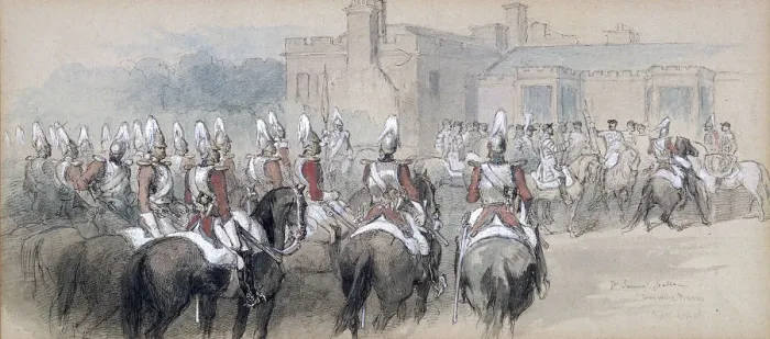 Framed Print : Mounted Escort at St Jamess Palace, London, 1848. Artist: Sir John Gilbert Framed Print : Mounted Escort at St Jamess Palace, London, 1848. Artist: Sir John Gilbert
