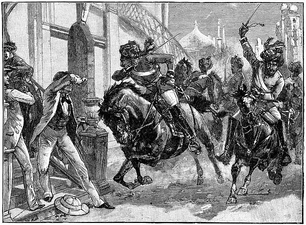 Mounted rebel Sepoys charging through the streets of Delhi, Indian Mutiny, May 1857 (c1895)