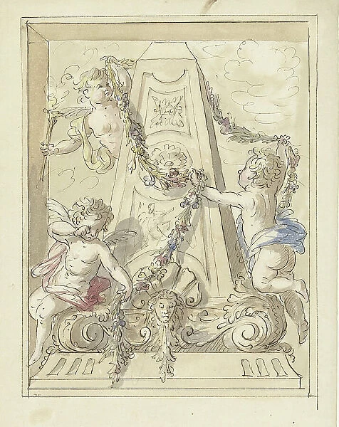 Mourning putti hanging garlands on a monument, 1677-1755. Creator: Elias van Nijmegen
