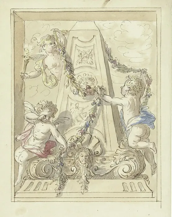 Framed Print : Mourning putti hanging garlands on a monument, 1677-1755. Creator: Elias van Nijmegen Framed Print : Mourning putti hanging garlands on a monument, 1677-1755. Creator: Elias van Nijmegen