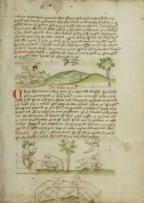 Framed Print : A Mouse in a Wagon and a Frog Scrambling Up Steps: A Dog and... third quarter of 15th century. Creator: Unknown Framed Print : A Mouse in a Wagon and a Frog Scrambling Up Steps: A Dog and... third quarter of 15th century. Creator: Unknown