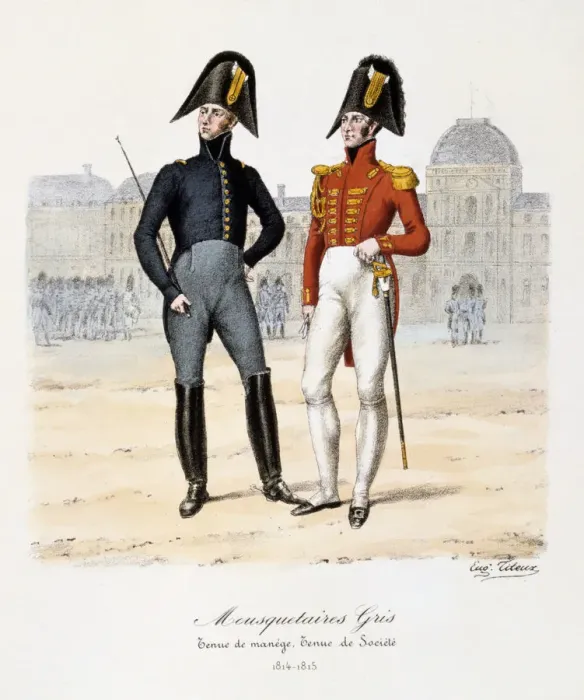 Framed Print : Mousquetaires Gris, Tenue de Manege and Tenue de Societe, 1814-15. Artist: Eugene Titeux Framed Print : Mousquetaires Gris, Tenue de Manege and Tenue de Societe, 1814-15. Artist: Eugene Titeux