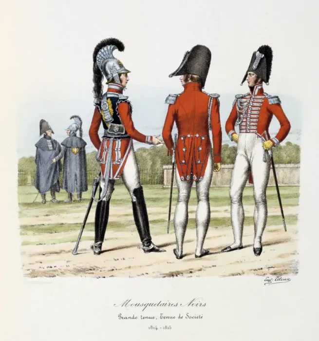 Framed Print : Mousquetaires Noirs, Grande Tenue and Tenue de Societe, 1814-15 Artist: Eugene Titeux Framed Print : Mousquetaires Noirs, Grande Tenue and Tenue de Societe, 1814-15 Artist: Eugene Titeux