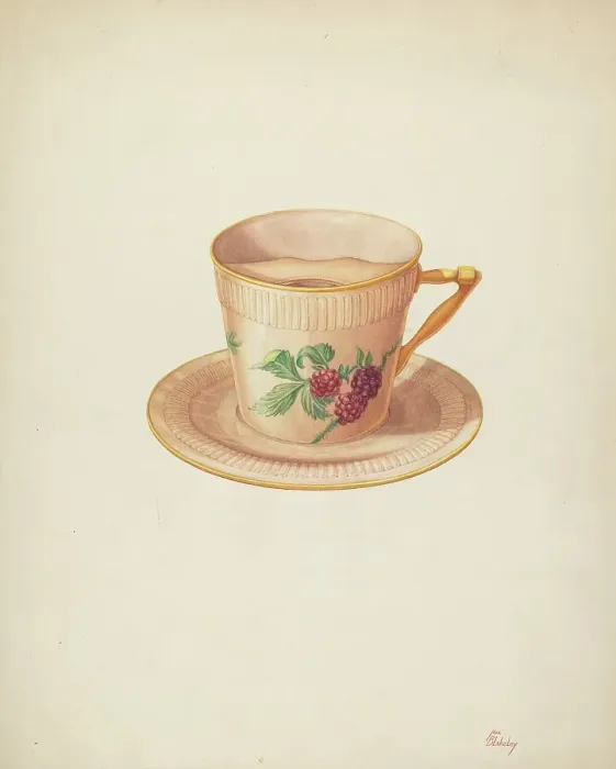 Framed Print : Moustache Cup and Saucer, c. 1940. Creator: Hal Blakeley Framed Print : Moustache Cup and Saucer, c. 1940. Creator: Hal Blakeley