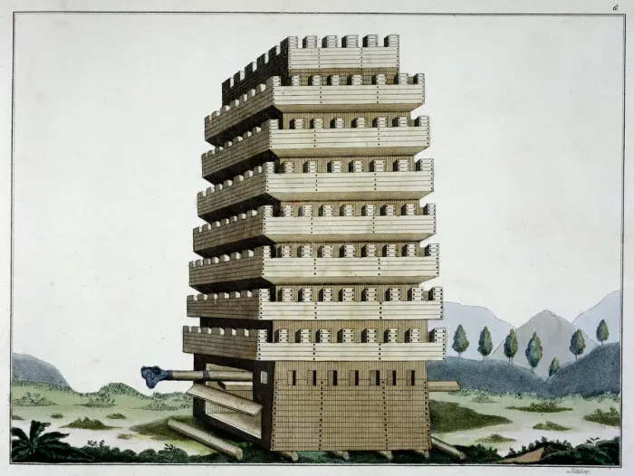 Framed Print : Moveable siege tower with outer galleries and a battering ram, 1842 Framed Print : Moveable siege tower with outer galleries and a battering ram, 1842