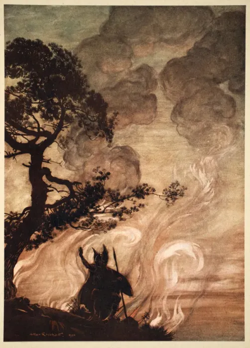 Framed Print : As he moves slowly away, Wotan turns and looks sorrowfully back at Brunnhilde, 1910 Framed Print : As he moves slowly away, Wotan turns and looks sorrowfully back at Brunnhilde, 1910