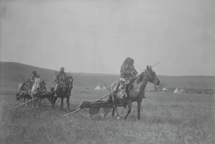 Framed Print : Moving camp-Atsina, c1908. Creator: Edward Sheriff Curtis Framed Print : Moving camp-Atsina, c1908. Creator: Edward Sheriff Curtis