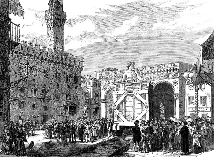 Framed Print : Moving Michael Angelo's statue of David at Florence, 1873. Creator: Unknown. Moving Michael Angelo's statue of David at Florence, 1873. Creator: Unknown Framed Print : Moving Michael Angelo's statue of David at Florence, 1873. Creator: Unknown. Moving Michael Angelo's statue of David at Florence, 1873. Creator: Unknown