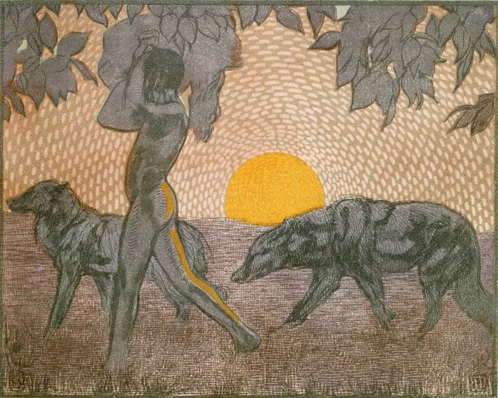 Framed Print : Mowgli and wolves; scene from 'The Jungle Book', 1919. Creator: Paul Jouve Framed Print : Mowgli and wolves; scene from 'The Jungle Book', 1919. Creator: Paul Jouve