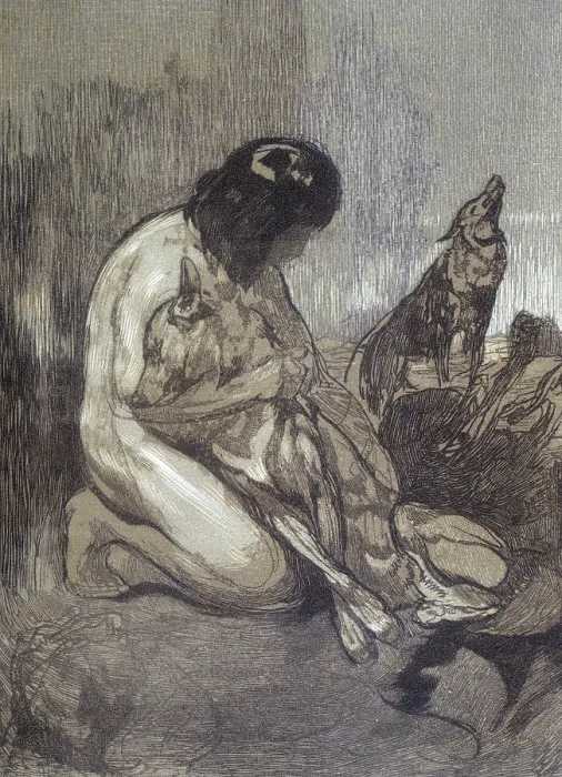 Framed Print : Mowgli and wolves; scene from 'The Jungle Book', 1919. Creator: Paul Jouve Framed Print : Mowgli and wolves; scene from 'The Jungle Book', 1919. Creator: Paul Jouve