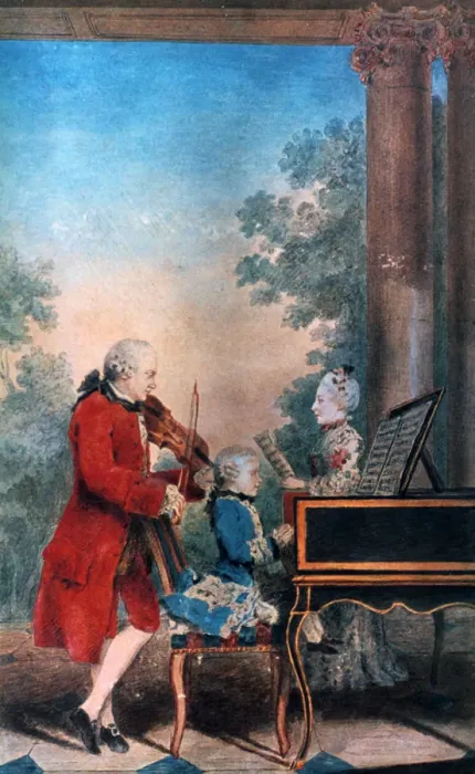 Framed Print : The Mozart family in Paris in 1763. Artist: Louis de Carmontelle