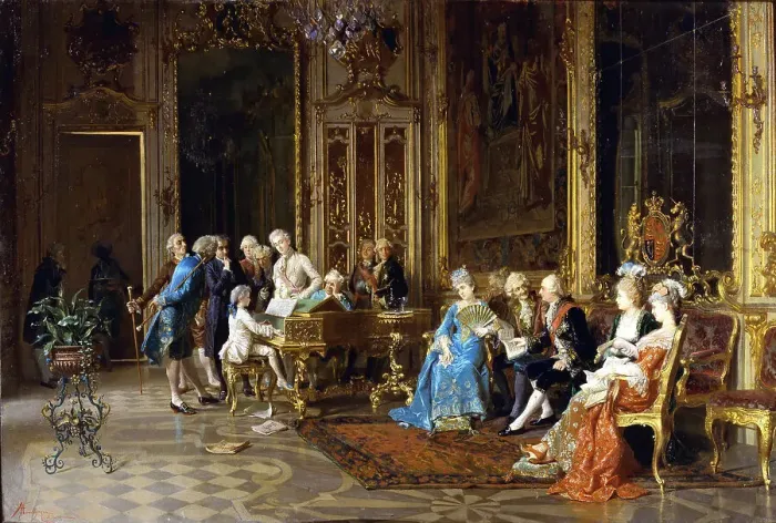 Framed Print : Mozart plays the harpsichord for King George III, ca 1891. Creator: Mantegazza, Giacomo (1853-1920) Framed Print : Mozart plays the harpsichord for King George III, ca 1891. Creator: Mantegazza, Giacomo (1853-1920)