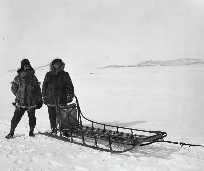 Framed Print : Mr. Bowen and Mr. Delezene with racing sled in an All Alaska Sweepstakes, between c1900 and 1927. Creator: Unknown Framed Print : Mr. Bowen and Mr. Delezene with racing sled in an All Alaska Sweepstakes, between c1900 and 1927. Creator: Unknown