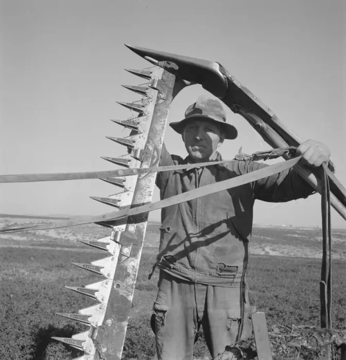 Framed Print : Mr. Browning in his field getting ready to mow hay, Dead Ox Flat, Malheur County, Oregon, 1939. Creator: Dorothea Lange Framed Print : Mr. Browning in his field getting ready to mow hay, Dead Ox Flat, Malheur County, Oregon, 1939. Creator: Dorothea Lange