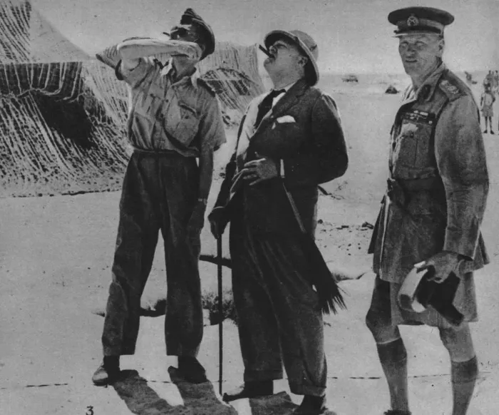 Framed Print : Mr. Churchill with Sir A. Tedder and Gen. Auchinleck. 1942 Framed Print : Mr. Churchill with Sir A. Tedder and Gen. Auchinleck. 1942