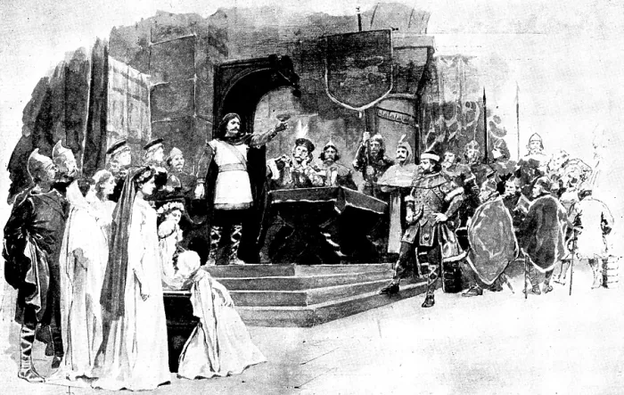 Framed Print : Mr. Cowen's new opera, 'Harold': Duke William - Thanks for thy song, fair lady... 1895. Creator: George Meisenbach. Mr Framed Print : Mr. Cowen's new opera, 'Harold': Duke William - Thanks for thy song, fair lady... 1895. Creator: George Meisenbach. Mr