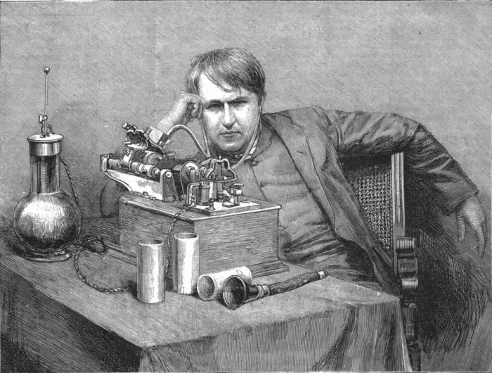Framed Print : Mr. Edisons new Phonograph-Mr. Edison in his Laboratory receiving the first Phonograph from Englan Creator: Unknown Framed Print : Mr. Edisons new Phonograph-Mr. Edison in his Laboratory receiving the first Phonograph from Englan Creator: Unknown