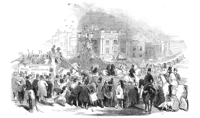 Framed Print : Mr. Emidy driving 28 horses to Greenwich, 1844. Creator: Unknown Framed Print : Mr. Emidy driving 28 horses to Greenwich, 1844. Creator: Unknown