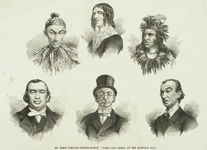 Framed Print : Mr. Ernst Schulz's Entertainment, Masks and Faces at the Egyptian Hall, 1867. Creator: Unknown. Mr. Ernst Schulz's Entertainment, Masks and Faces at the Egyptian Hall, 1867. Creator: Unknown Framed Print : Mr. Ernst Schulz's Entertainment, Masks and Faces at the Egyptian Hall, 1867. Creator: Unknown. Mr. Ernst Schulz's Entertainment, Masks and Faces at the Egyptian Hall, 1867. Creator: Unknown