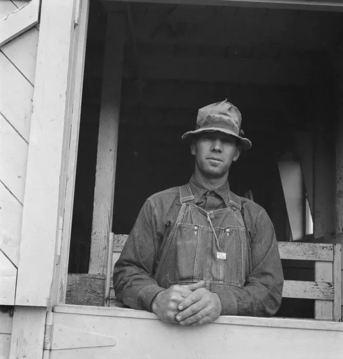Framed Print : Mr. Granger, seen in doorway of his new barn, Yamhill County, Willamette Valley, Oregon, 1939. Creator: Dorothea Lange Framed Print : Mr. Granger, seen in doorway of his new barn, Yamhill County, Willamette Valley, Oregon, 1939. Creator: Dorothea Lange
