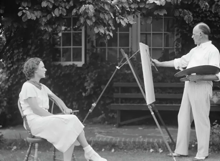 Framed Print : Mr. Hamilton King painting Mrs. Hamilton's portrait outdoors, between 1934 and 1942. Creator: Arnold Genthe Framed Print : Mr. Hamilton King painting Mrs. Hamilton's portrait outdoors, between 1934 and 1942. Creator: Arnold Genthe