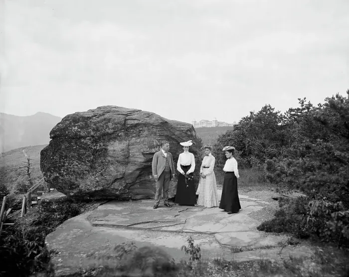 Framed Print : Mr. H.E. Eder and family at Bowlder [i.e. Boulder] Rock, between 1900 and 1905. Creator: William H. Jackson
