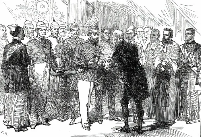 Framed Print : Mr. Layard presenting to the Prince of Wales the address of the Municipal Council... 1876. Creator: C. R Framed Print : Mr. Layard presenting to the Prince of Wales the address of the Municipal Council... 1876. Creator: C. R
