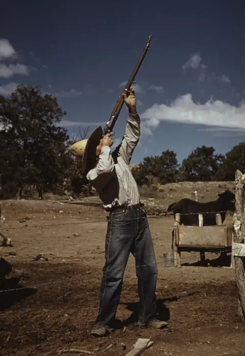 Framed Print : Mr. Leatherman, homesteader, shooting hawks... Pie Town, New Mexico, 1940. Creator: Russell Lee Framed Print : Mr. Leatherman, homesteader, shooting hawks... Pie Town, New Mexico, 1940. Creator: Russell Lee
