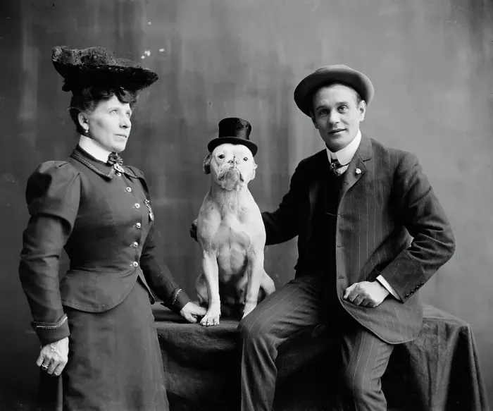 Framed Print : Mr. and Mrs. Frank Kern and trained dog Bobbie, between 1900 and 1910. Creator: Unknown Framed Print : Mr. and Mrs. Frank Kern and trained dog Bobbie, between 1900 and 1910. Creator: Unknown