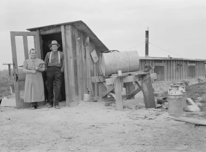 Framed Print : Mr. and Mrs. Wardlow at entrance to their dugout... home, Dead Ox Flat, Malheur County, Oregon, 1939. Creator: Dorothea Lange Framed Print : Mr. and Mrs. Wardlow at entrance to their dugout... home, Dead Ox Flat, Malheur County, Oregon, 1939. Creator: Dorothea Lange