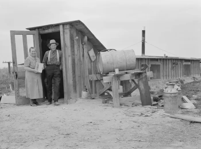 Framed Print : Mr. and Mrs. Wardlow at entrance to their dugout basement home, Dead Ox Flat, Oregon, 1939 Creator: Dorothea Lange Framed Print : Mr. and Mrs. Wardlow at entrance to their dugout basement home, Dead Ox Flat, Oregon, 1939 Creator: Dorothea Lange