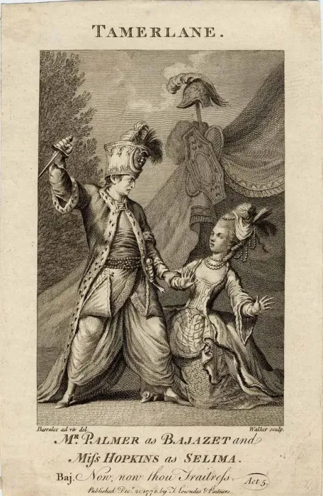 Framed Print : Mr Palmer as Bajazet and Miss Hopkins as Selima in Tamerlane by Nicholas Rowe. (Now, now, thou trai Framed Print : Mr Palmer as Bajazet and Miss Hopkins as Selima in Tamerlane by Nicholas Rowe. (Now, now, thou trai