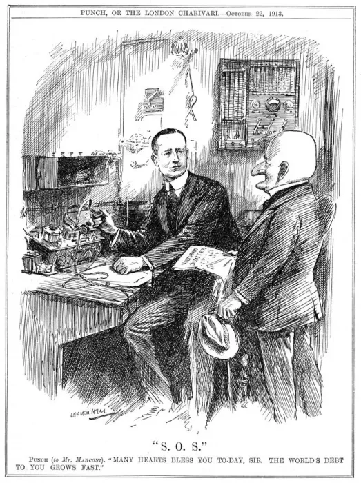 Framed Print : Mr Punch thanking Marconi for wireless telegraphy which was saving lives at sea, 1913. Artist: Leonard Raven-Hill Framed Print : Mr Punch thanking Marconi for wireless telegraphy which was saving lives at sea, 1913. Artist: Leonard Raven-Hill