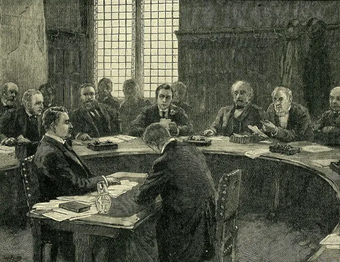 Framed Print : Mr. Rhodes Before the South Africa Committee, c1897, (c1900). Creator: Unknown Framed Print : Mr. Rhodes Before the South Africa Committee, c1897, (c1900). Creator: Unknown