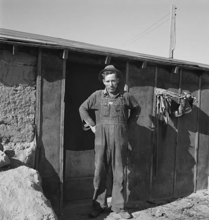Framed Print : Mr. Roberts in front of his Owyhee project home, Malheur County, Oregon, 1939. Creator: Dorothea Lange