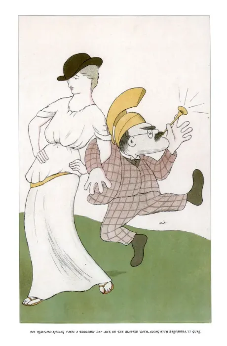 Framed Print : Mr Rudyard Kipling takes a bloomin day aht, on the blasted eath... 1904.Artist: Max Beerbohm Framed Print : Mr Rudyard Kipling takes a bloomin day aht, on the blasted eath... 1904.Artist: Max Beerbohm