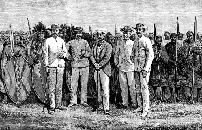 Framed Print : Mr. Stanley and his comrades: Masai warriors behind, 1890. Creator: Unknown