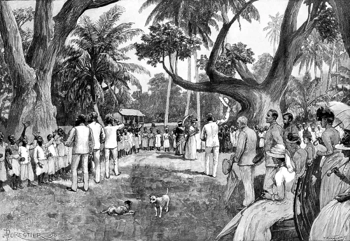 Framed Print : Mr. Stanley...at Mombasa: native school-children...singing the National Anthem, 1890. Creator: P Naumann Framed Print : Mr. Stanley...at Mombasa: native school-children...singing the National Anthem, 1890. Creator: P Naumann